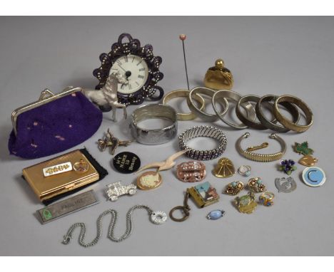 A Collection of Vintage Costume Jewellery, Jewelled Mantle Clock, Powder Compact, Horse Ornament etc 