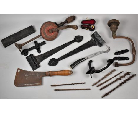 A Collection of Vintage Workshop Tools, Cast Iron Hinges and Catches, Cleaver etc 