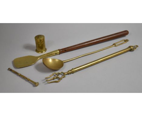 A Long Brass Ladle, Brass Toasting Fork, Brass and Wooden Spoon and a Brass Wig Duster 