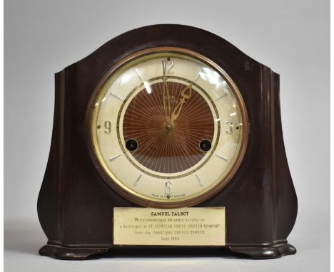 A Presentation Bakelite Mantle Clock by Smiths, Dated September 1946, Eight Day Movement, 21cm wide 