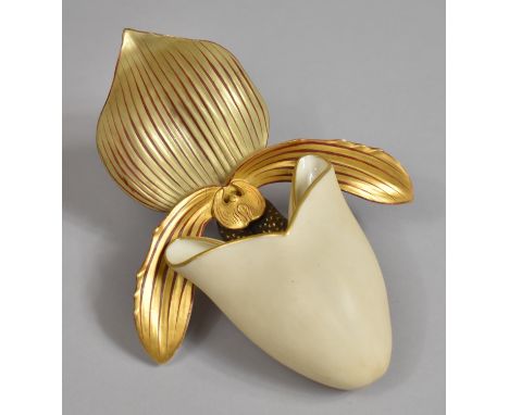 A Royal Worcester Wall Pocket of Organic Orchid Form with Gilt Decoration, Printed Mark for 1883, 21cm high 