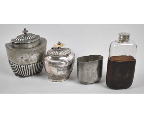 Two Late Victorian/Edwardian Silver Plated Tea Caddies Together an Edwardian Glass and Leather Covered Hip Flask 