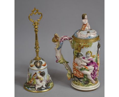 An Italian Keramos Capodimonte Hand Painted Porcelain Tankard with Hinged Lid, 29cm high, Together with a Similar Gilt Handle