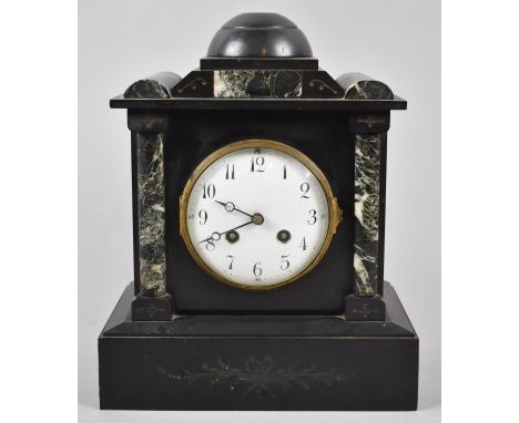 A French Black Slate and Marble Mantle Clock of Architectural Form with Eight Day Movement Striking on a Gong, 31cm high 