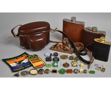A Collection of Curios to Include Enamelled Badges, Hip Flasks, Recumbent Lion Ornament, Woven Badges, Vintage Leather Cased 