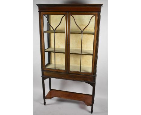 An Edwardian String Inlaid Mahogany Display Cabinet with Two Inner Shelves, Tapering Supports with Spade Feet Having Stretche