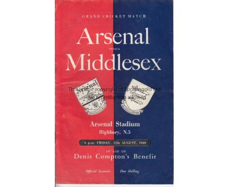 CRICKET AT ARSENAL FC      Programme for Arsenal v Middlesex cricket match, 12/8/1949, Denis Compton's Benefit match, slightl