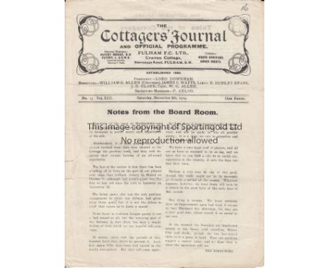 FULHAM - BLACKPOOL 1919   Fulham four page home programme v Blackpool, 8/11/1919 , Division 2.slight tears to edges, small nu