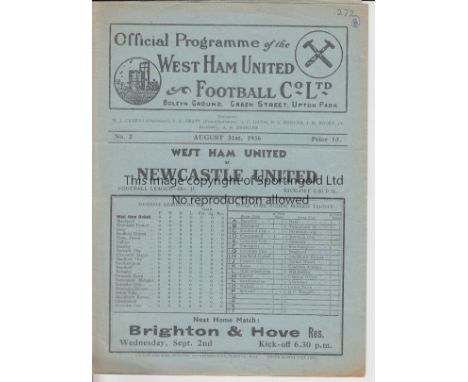WEST HAM - NEWCASTLE 1936     West Ham home programme v Newcastle 31/8/1936, score , changes noted and slight ink marks on ba