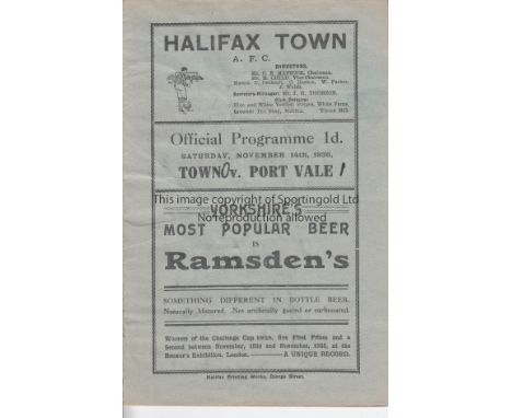 HALIFAX - PORT VALE 1936-7   Halifax Town home programme v Port Vale, 14/11/1936, slight creasing , score on cover.  Fair-gen