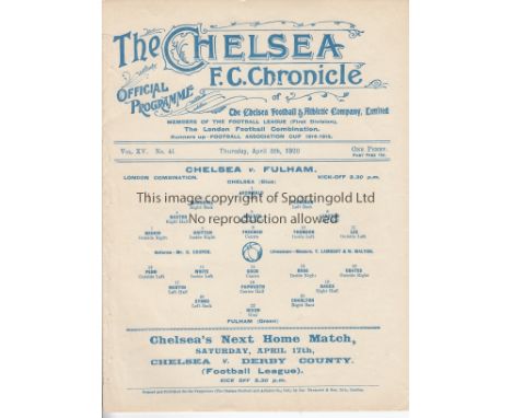 CHELSEA - FULHAM 1920   Chelsea Reserves single sheet home programme v Fulham, 8/4/1920, London Combination, ex bound volume.