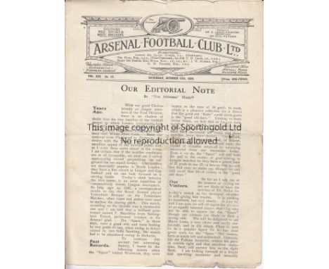 ARSENAL - TOTTENHAM 1924   Four page white large format Arsenal home programme v Tottenham, 25/10/1924, worn along folds with