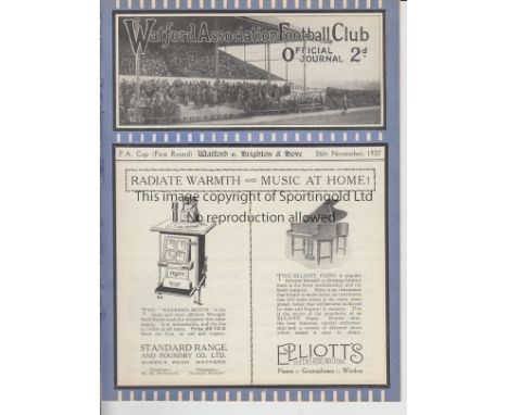 WATFORD   Programme Watford v Brighton & Hove Albion FA Cup 1st Round  26th November 1927. Ex Bound Volume. Generally good   