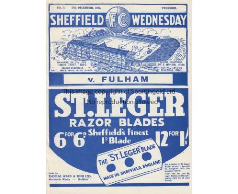 SHEF WED - FULHAM 1938   Sheffield Wednesday home programme v Fulham, 27/12/1938,  ex bound volume.   Good