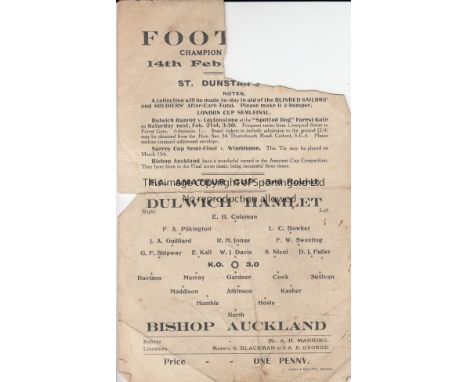 DULWICH - BISHOP AUCKLAND 1920   Single sheet Dulwich Hamlet home programme v Bishop Auckland, 14/2/1920, Amateur Cup, 2" x 2