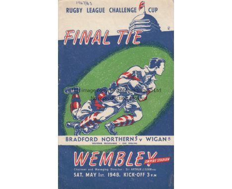 RUGBY LEAGUE CUP FINAL 1948   Official programme, Bradford Northern v Wigan, 1/5/48, Cup Final,  team change, score noted, ye