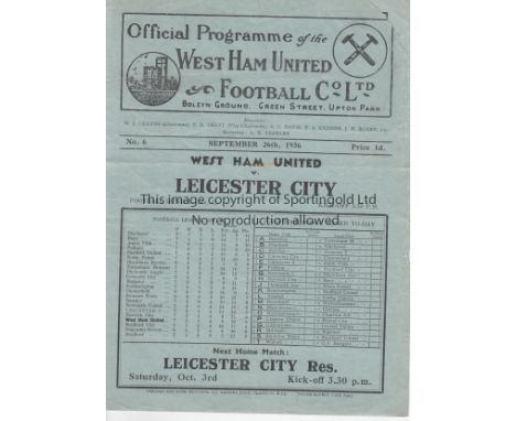 WEST HAM - LEICESTER 1936    West Ham home programme v Leicester, 26/9/1936, pencil score, changes, scorers noted and paper e
