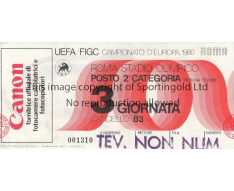 EURO 80 TICKET   Match ticket for Italy v Belgium, played in Rome 18/6/1980, minor folds.   Generally good
