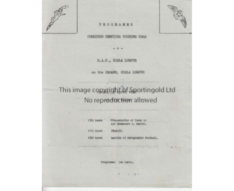 KUALA LUMPUR  1946  Programme  RAF Kuala Lumpur v Combined Services Touring Team, 8/4/46, the touring team winning 5-0 with p