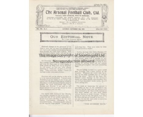 ARSENAL - FULHAM 1919   Single sheet Arsenal Reserves home programme v Fulham Reserves, 13/9/1919, large format, white issue,