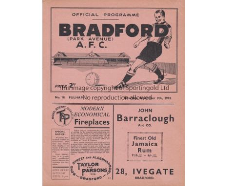 BRADFORD PA - FULHAM 1933   Bradford Park Avenue home programme v Fulham, 9/12/1933, ex bound volume.  Good