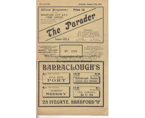 BRADFORD CITY - FULHAM 1932   Bradford City home programme v Fulham, 27/8/1932, slight fold.  Good