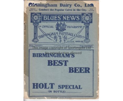 BIRMINGHAM- PRESTON 1922-23    Birmingham home programme with covers v Preston, 10/3/1923, both front and back covers have pa