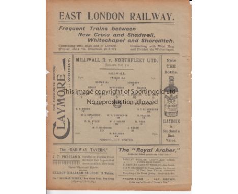 MILLWALL - NORTHFLEET UTD 1913    Millwall Reserves home single sheet programme v Northfleet United, 18/1/1913, Kent League, 