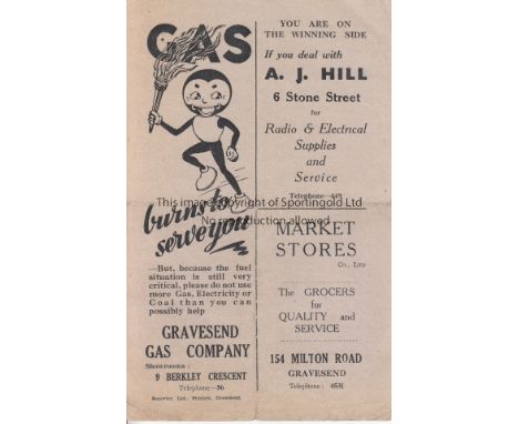 GRAVESEND UTD 1943   Gravesend United four page home programme v Royal Netherlands Navy, 23/10/43, very slight tear to bottom