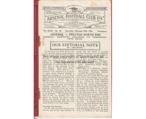 ARSENAL - PRESTON 1938   Arsenal home programme v Preston, 12/2/1938, Cup,  slight wear, rusty staple areas, score noted.  Fa