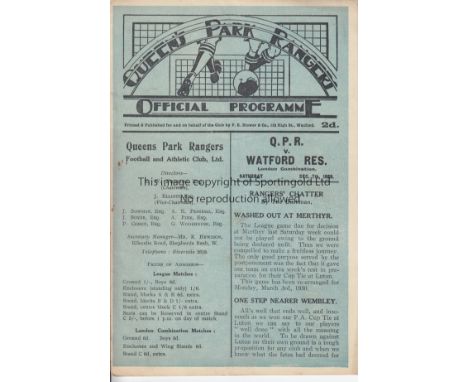 QPR / WATFORD    Programme Queen's Park Rangers v Watford Reserves 7th December 1929. Rust at staple. Light vertical fold. No