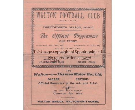 WALTON FC 1931-32   Walton FC home programme v Beddington Corner, 5/3/1932, Surrey Senior League Charity Cup, slight tear alo