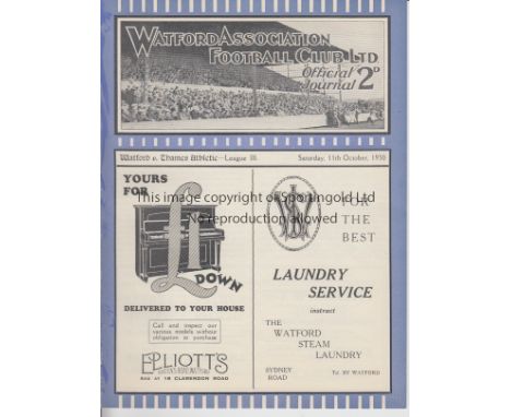 WATFORD   Programme  Watford v  Thames Athletic 11th October 1930. This was Thames Athletics' 1st of 2 seasons in the League.