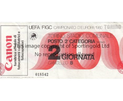 EURO 80 TICKET   Match ticket for Italy v England, played in Turin 15/6/80, minor folds.  Generally good