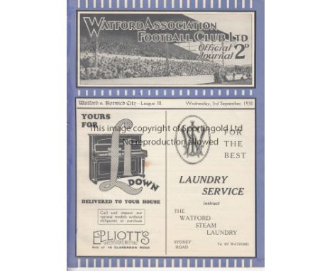 WATFORD   Programme Watford v Norwich 3rd September 1930. Ex Bound Volume.   Generally good