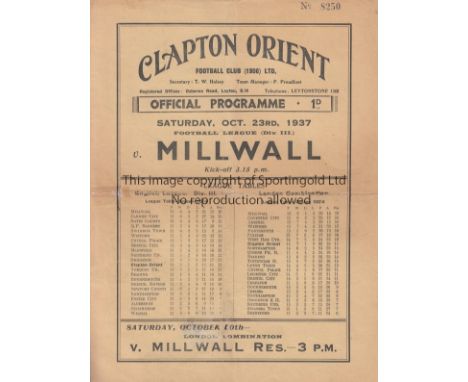 CLAPTON ORIENT - MILLWALL 1937  Clapton Orient home programme v Millwall, 23/10/1937, Division 3 South , slight fold (exceedi