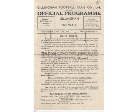 GILLINGHAM - MILLWALL 45-6  Single sheet Gillingham home programme v Millwall, 10/4/46, Kent Championship Challenge Match, sc