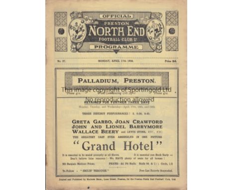 PRESTON - FULHAM 1933   Preston home programme v Fulham, 17/4/1933, slight fold, staples rusty.  Generally good