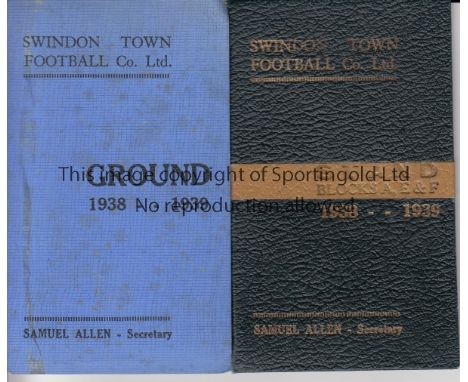 SWINDON TOWN 1938-39   Two Swindon Town season tickets 1938-39,one (cloth booklet) for the Stand Seats , the other a blue car