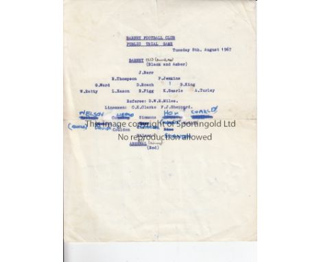 BARNET V ARSENAL 1967      Single sheet programme for the Public Trial Match at Barnet 8/8/1967, with team changes and repair