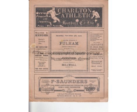 CHARLTON - FULHAM 1922   Four page large format Charlton home programme, Charlton Res v Fulham Res, 4/11/1922, London Combina