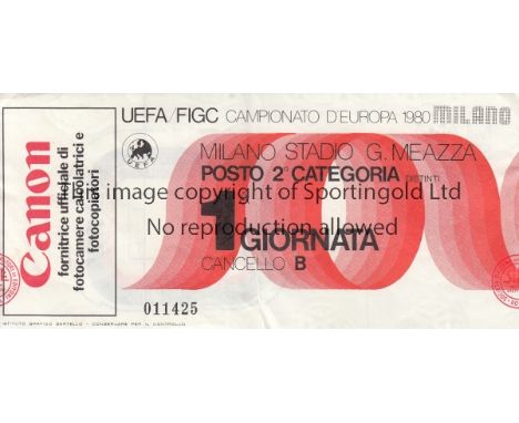 EURO 80 TICKET   Match ticket for Italy v Spain, played in Milan 12/6/1980, minor folds.   Generally good