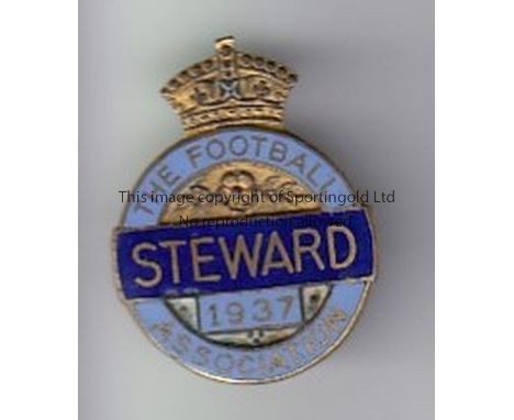 FA 1937   Football Association metal and enamel pin badge, "Steward 1937" light blue with dark blue banner.  Covers 1937 Cup 