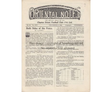 CLAPTON ORIENT - FULHAM 1920   Clapton Orient home programme v Fulham, 4/12/1920, Division 2, slight fold, score noted.  Gene