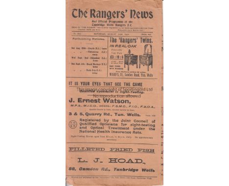 TUNBRIDGE WELLS RANGERS 1931  Tunbridge Wells Rangers home gatefold programme, 22/8/1931, practice match, Possible Kent Leagu