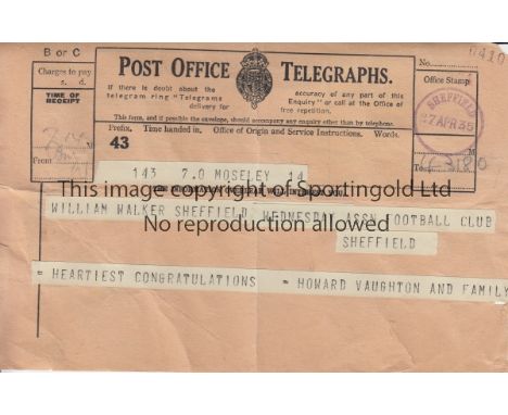 1935 FA CUP FINAL - SHEFFIELD WEDNESDAY       An original telegram from Howard Vaughton to Sheffield Wednesday manager Billy 