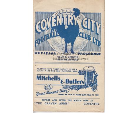 COVENTRY - FULHAM  1937  Full size Coventry City Reserves home programme v Fulham Reserves, 13/12/1937, slight creases, no st