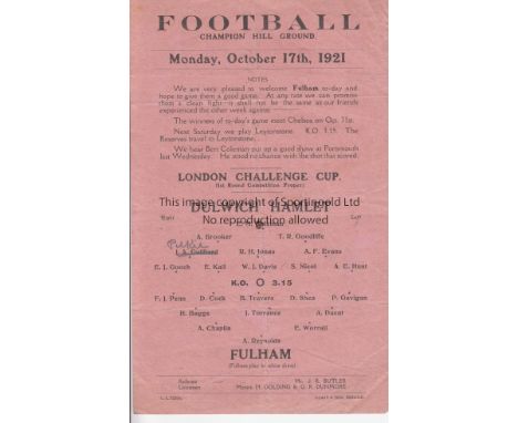 DULWICH HAMLET - FULHAM 1921   Single sheet Dulwich Hamlet home programme v Fulham, 17/10/1921, London Challenge Cup, pencil 