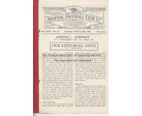 ARSENAL - BARNSLEY 1936   Arsenal home programme v Barnsley, 29/2/1936, Cup, Arsenal went through and won the Trophy. Minor f