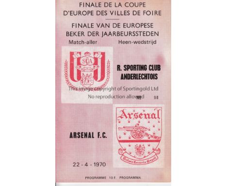 1970 FAIRS CUP FINAL PROGRAMME      First leg programme at Anderlecht v Arsenal 22/4/1970.   Good